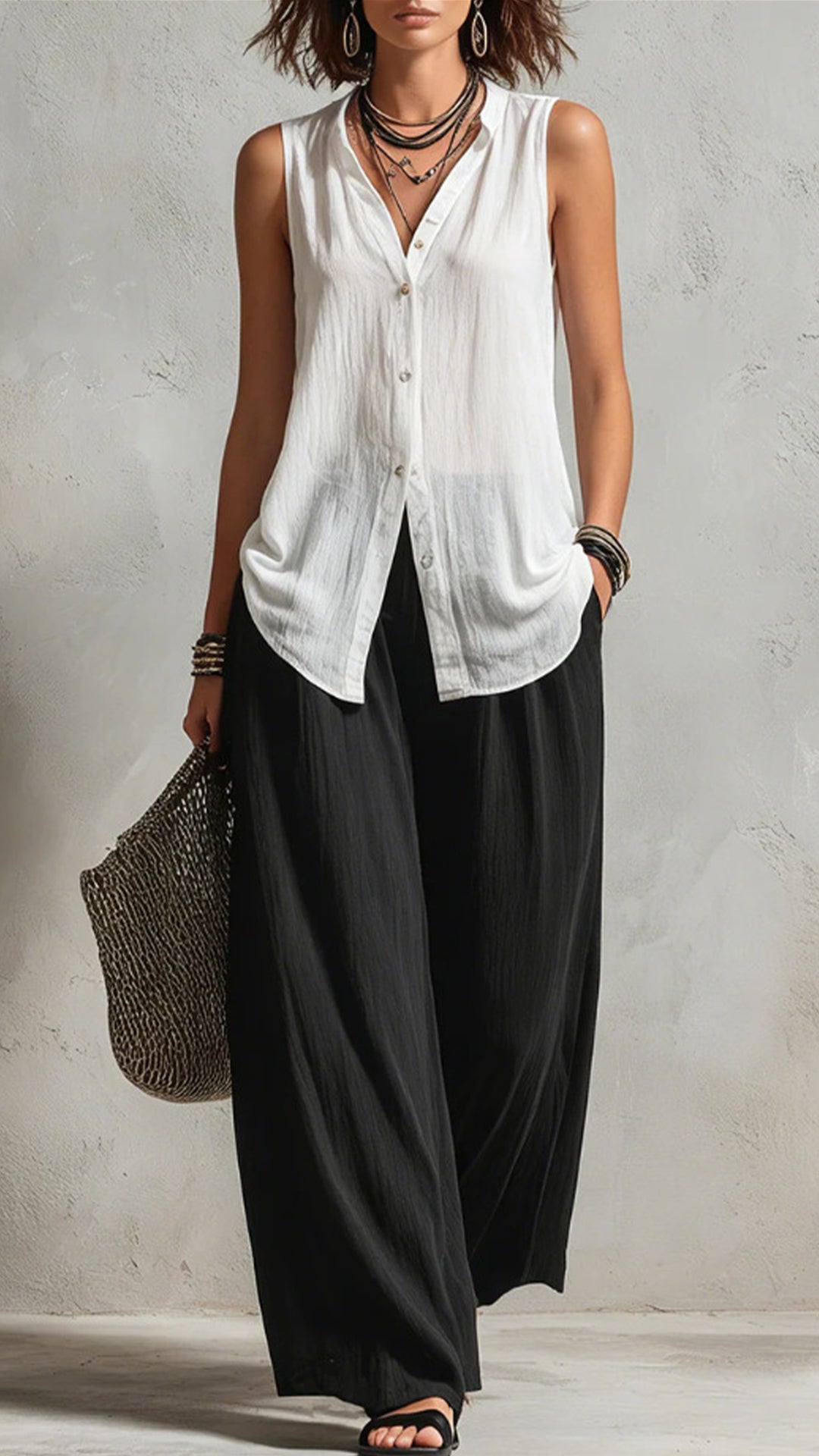 Women's Cotton-Blend 3-Piece Layered Wide-Leg Pants Set