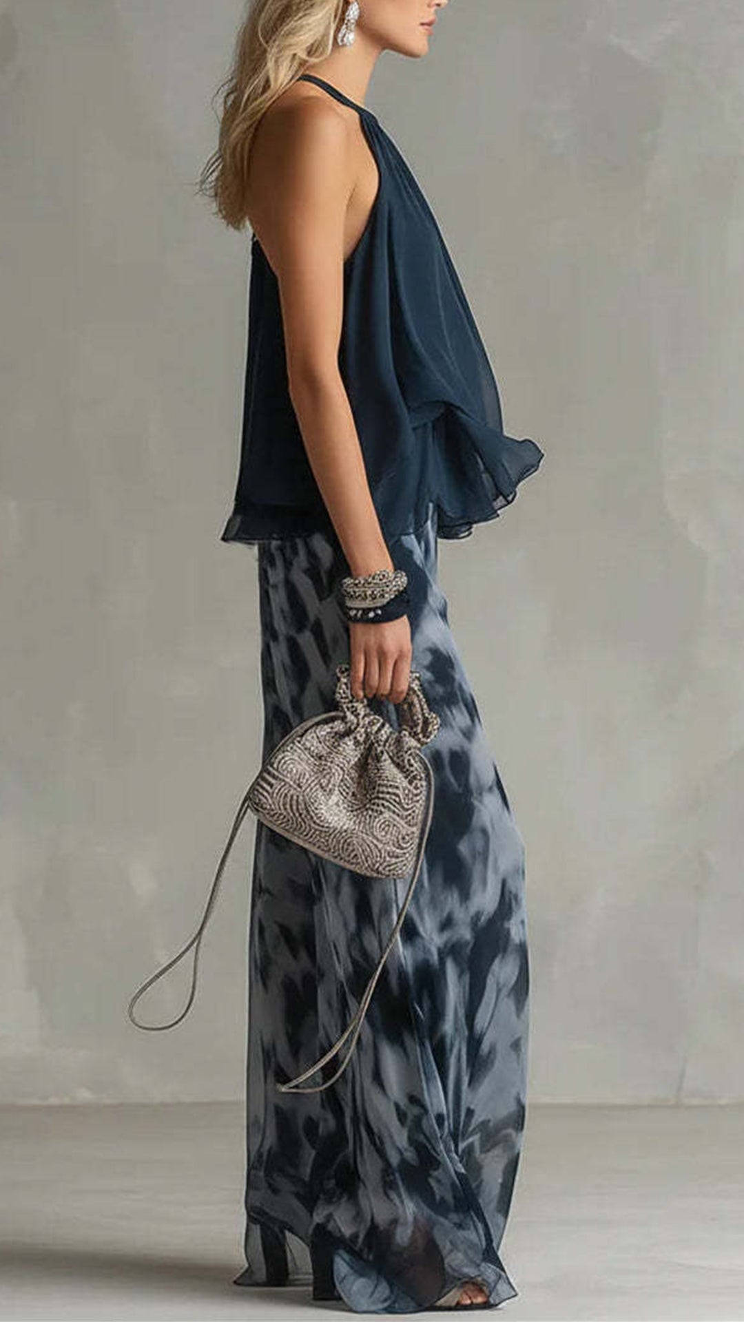 Women's Cotton-Blend Halter Ruffled Tie-Dye Wide-Leg Pants Set