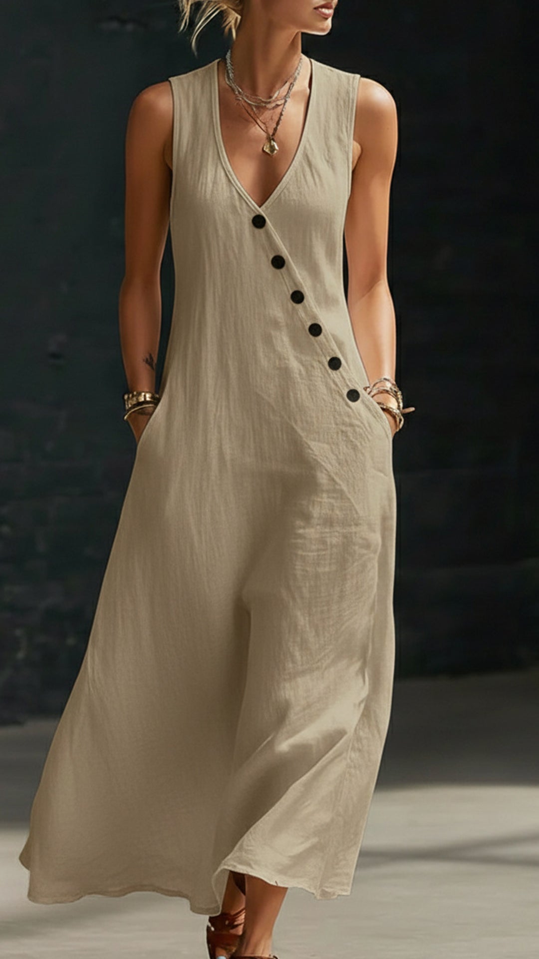 "Effortless Chic" Style V-Neck Button-Front Cotton-Linen Maxi Dress — Sleeveless Tank Dress