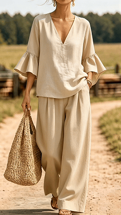 Women's Casual & Comfortable Two-Piece Set: V-Neck Top with Ruffle Sleeves and Wide-Leg Pants
