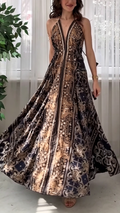 Women's Backless, Deep V-Neck, Spaghetti-Strap, Printed Maxi Dress