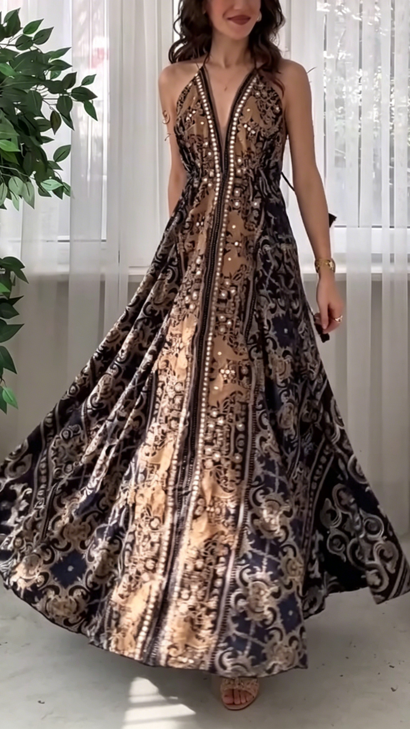 Women's Backless, Deep V-Neck, Spaghetti-Strap, Printed Maxi Dress