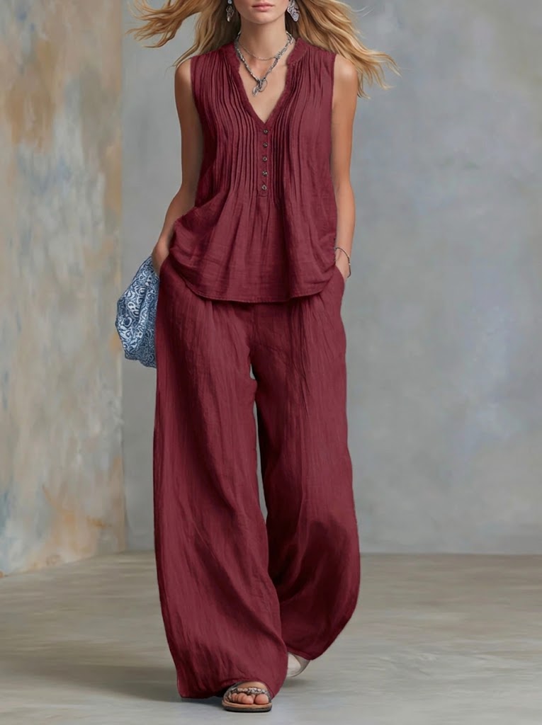 Plus Size Friendly Casual Linen And Cotton Pleated Sleeveless Top And Pants Two-piece Set