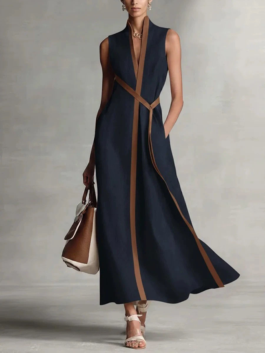 Daily White Colorblock Stand-Up Collar Pocket Boho Contrast Linen Maxi Dresses