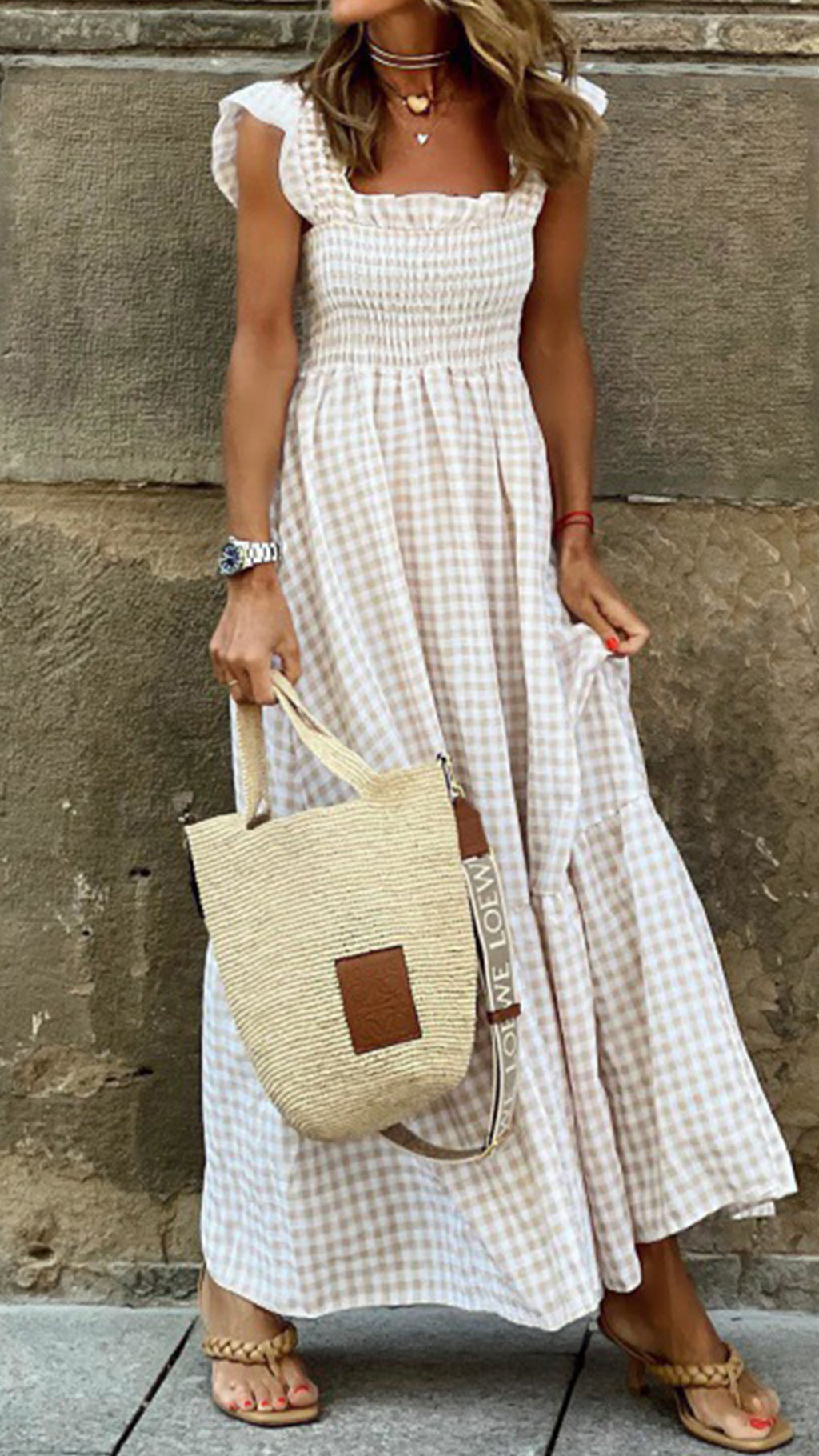 Women's  Beige Gingham Linen-Blend Maxi Dress