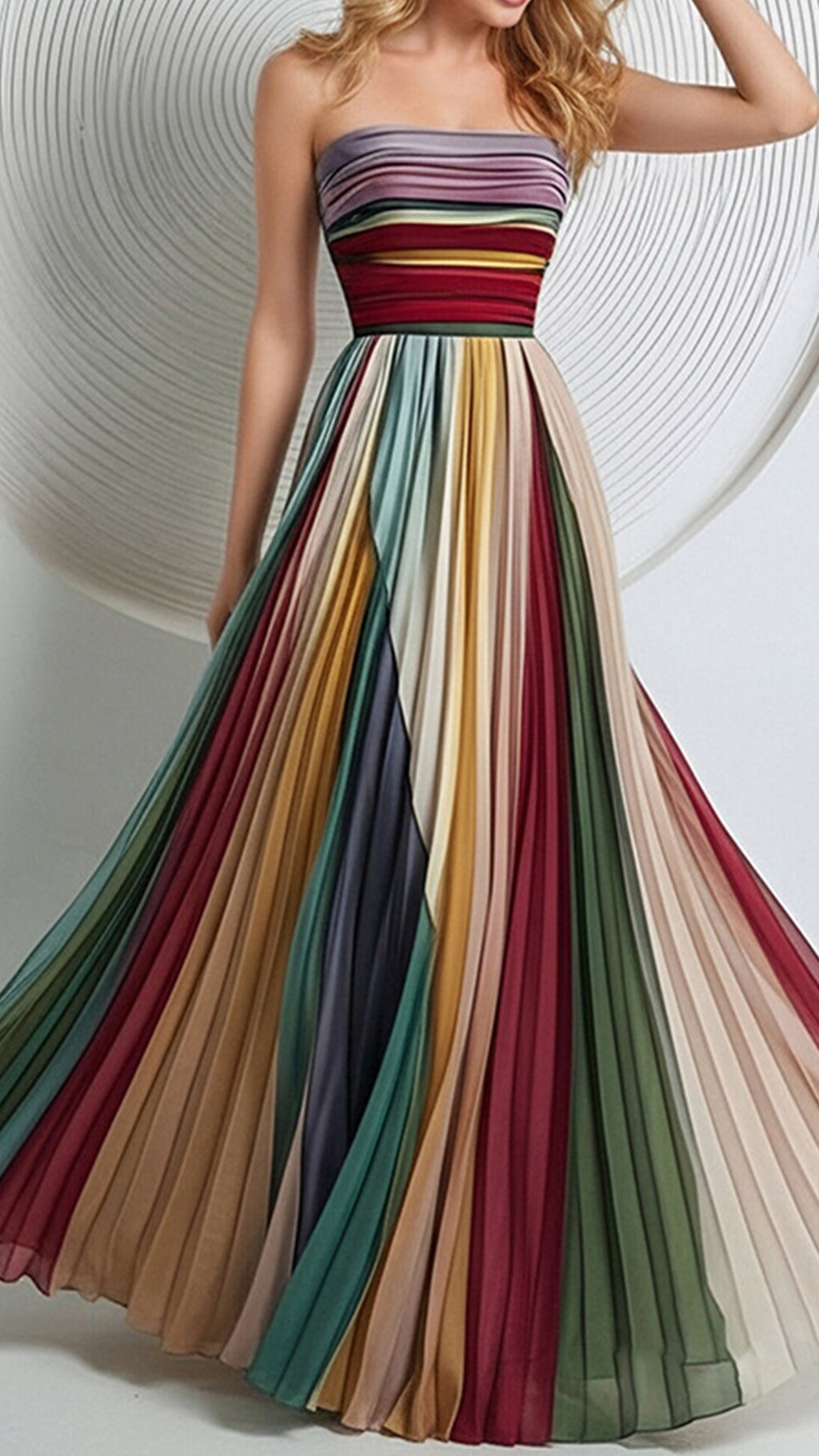 Women's Strapless Rainbow Stripe Cotton-Blend Maxi Dress