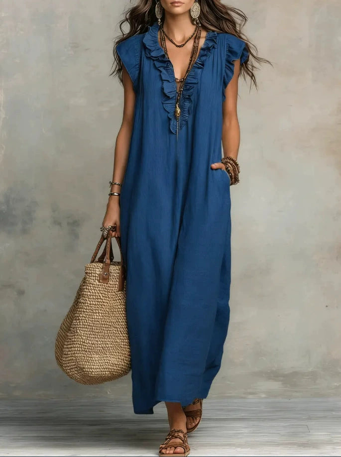 Women's Solid Color Ruffled Art Casual Fashion Cozy Cotton Linen Dress