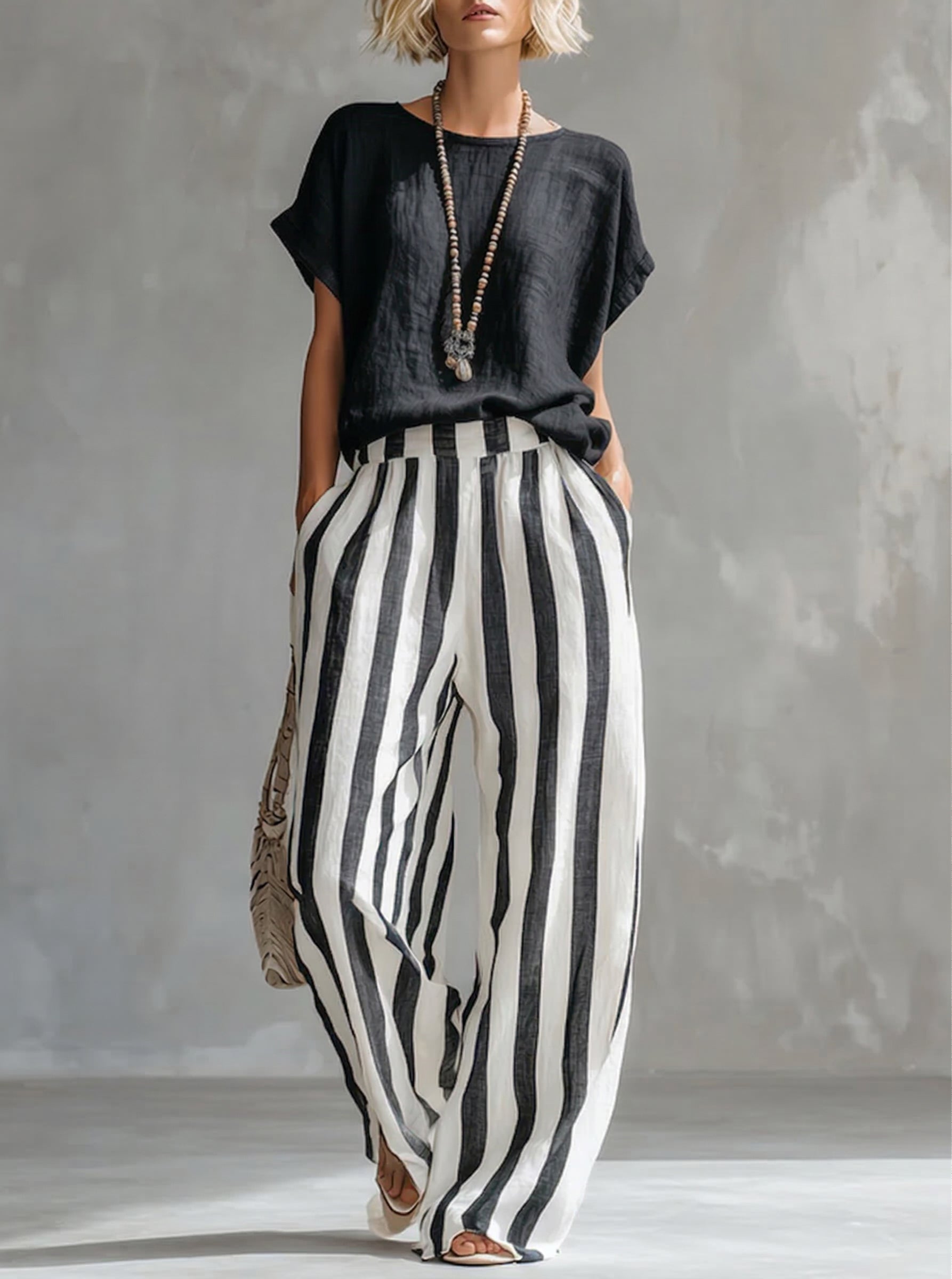 🔥Hot sale🔥Cozy Loose-fit Striped Cotton-linen Two-piece Set