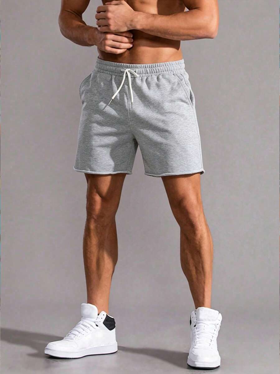 Men's Frayed Hem Straight Leg Athletic Shorts, Distressed Waist With Drawstring Design, Casual Style, Smooth Fabric, Light Gray, Suitable For Gym And Sports Activities