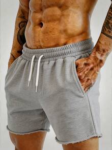 Men's Frayed Hem Straight Leg Athletic Shorts, Distressed Waist With Drawstring Design, Casual Style, Smooth Fabric, Light Gray, Suitable For Gym And Sports Activities