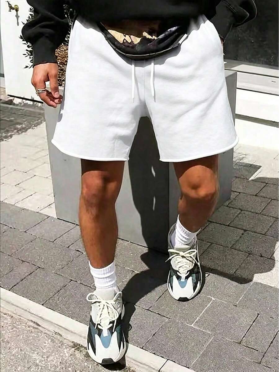 Men's Frayed Hem Straight Leg Athletic Shorts, Distressed Waist With Drawstring Design, Casual Style, Smooth Fabric, Light Gray, Suitable For Gym And Sports Activities