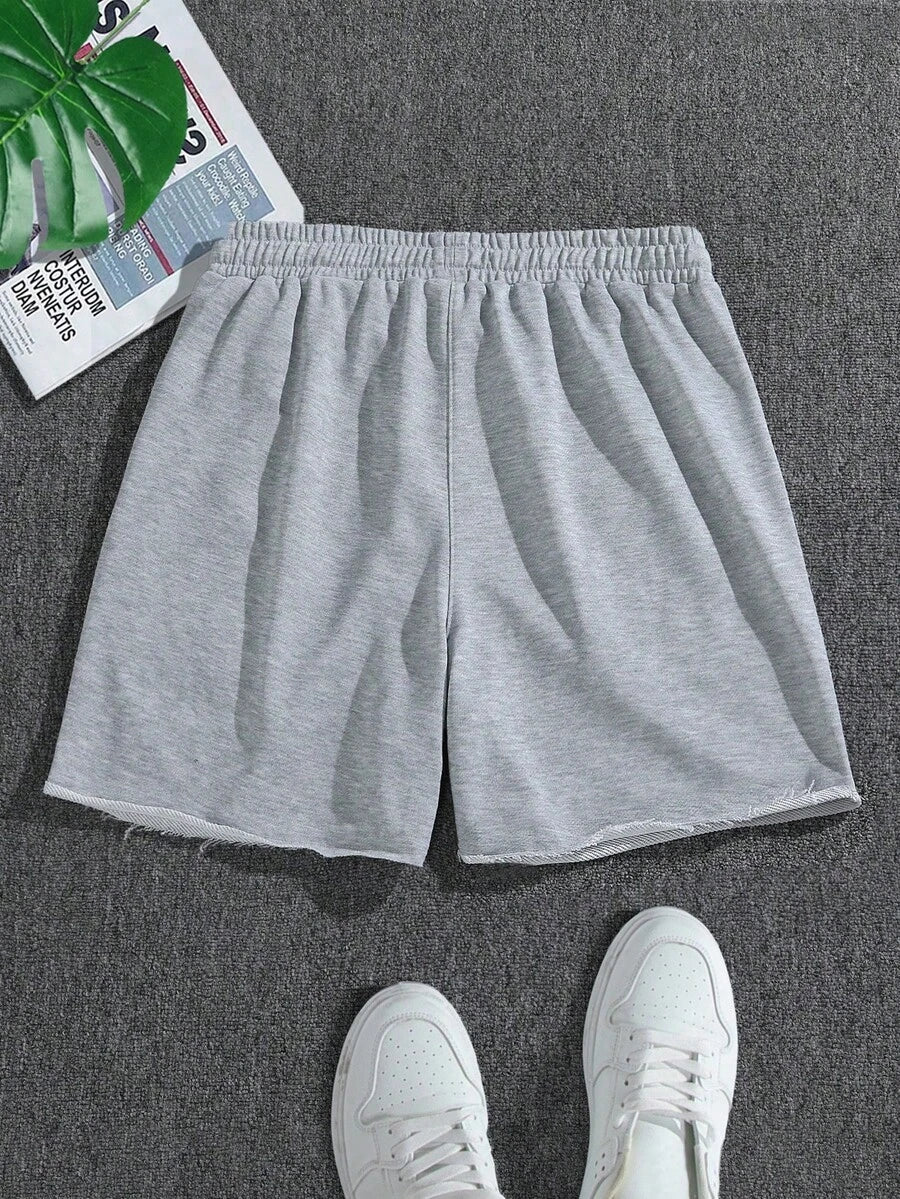 Men's Frayed Hem Straight Leg Athletic Shorts, Distressed Waist With Drawstring Design, Casual Style, Smooth Fabric, Light Gray, Suitable For Gym And Sports Activities