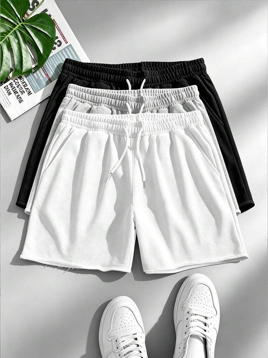 Men's Frayed Hem Straight Leg Athletic Shorts, Distressed Waist With Drawstring Design, Casual Style, Smooth Fabric, Light Gray, Suitable For Gym And Sports Activities