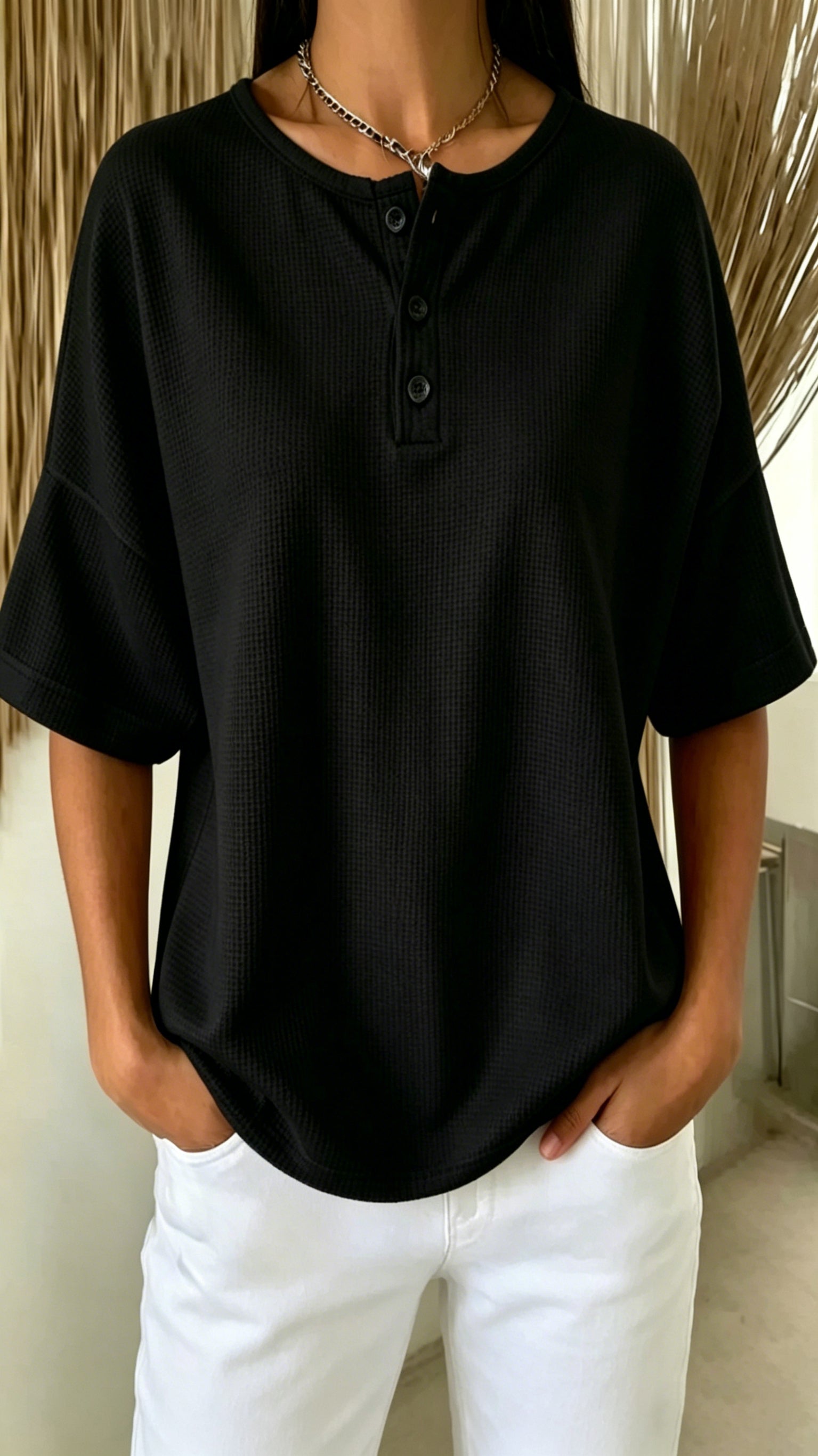 Women's Solid-Color Waffle-Knit Top with Round Neck and Front Placket