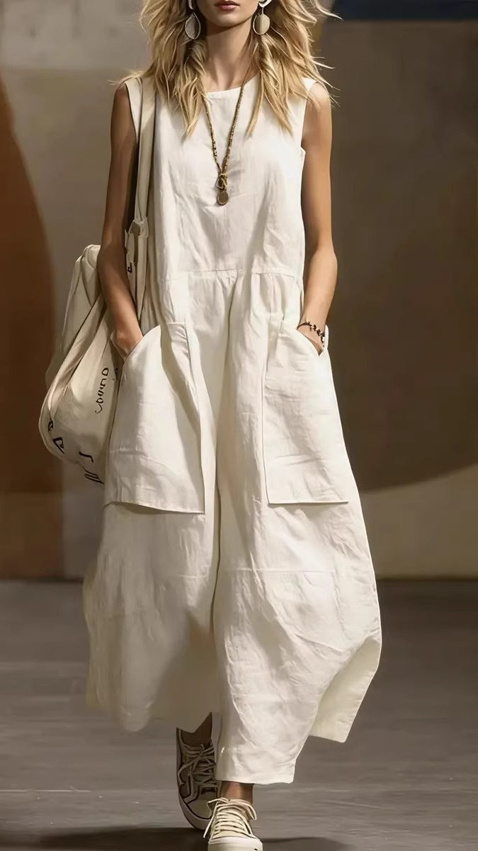 Women's Loose-Fit, Simple, Sleeveless Cotton-Linen Dress with Pockets