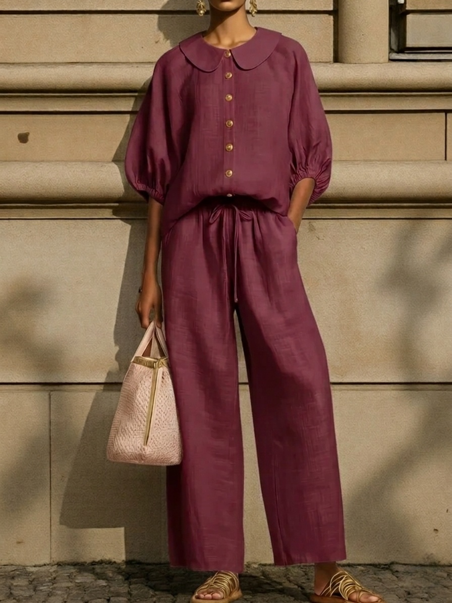 Plus Size Friendly New Arrivals🔥Stylish Peter Pan Collar Shirt And Wide-leg Pant Linen Two-piece Set