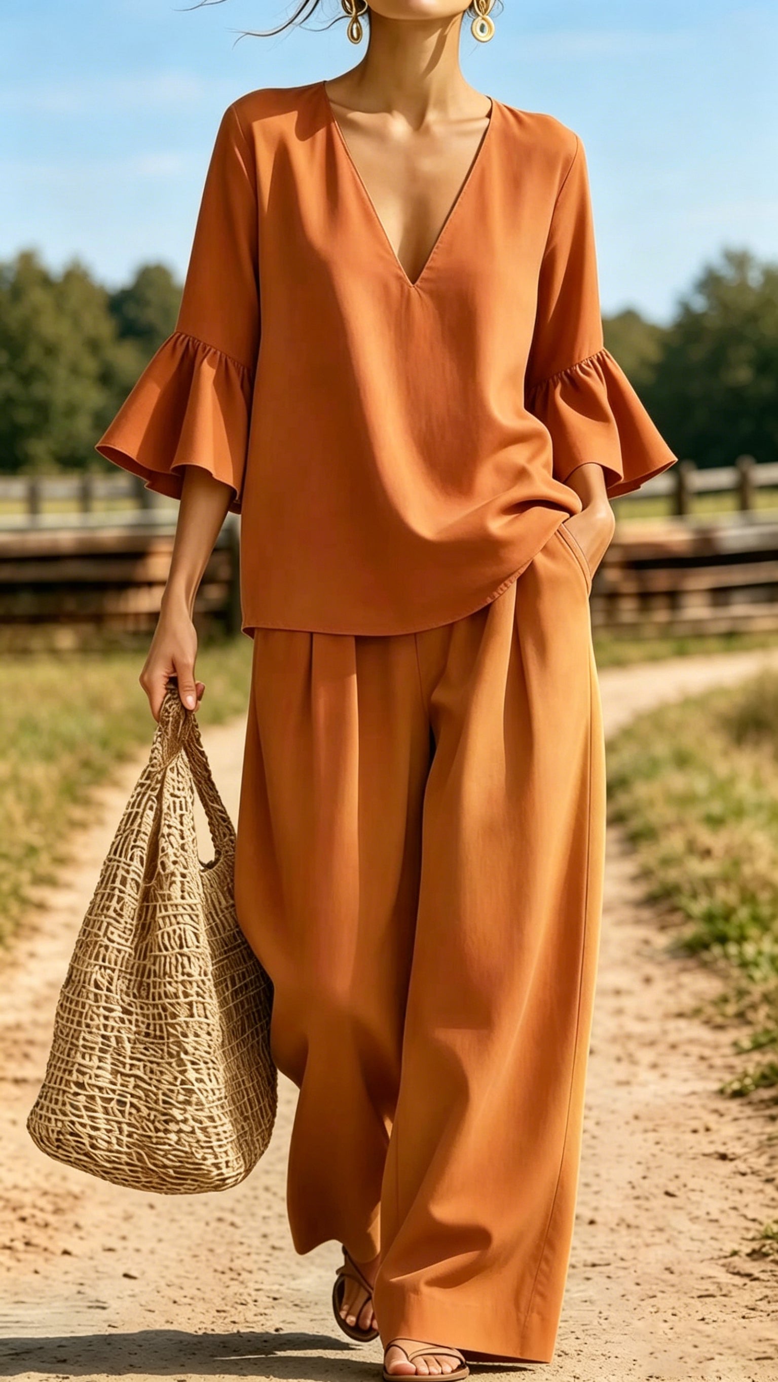 Women's Casual & Comfortable Two-Piece Set: V-Neck Top with Ruffle Sleeves and Wide-Leg Pants