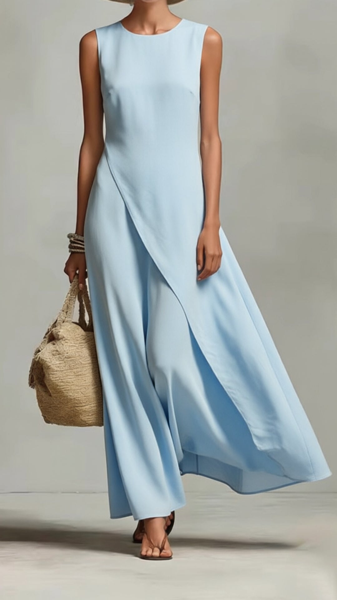 Sleeveless asymmetrical hem cotton-linen blend dress