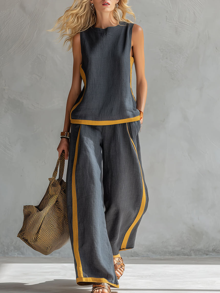 Plus Size Friendly Plus Size Friendly Women's Round Neck Sleeveless Casual Loose Top And High-waisted Loose Wide-leg Pants Cotton And Linen Set.