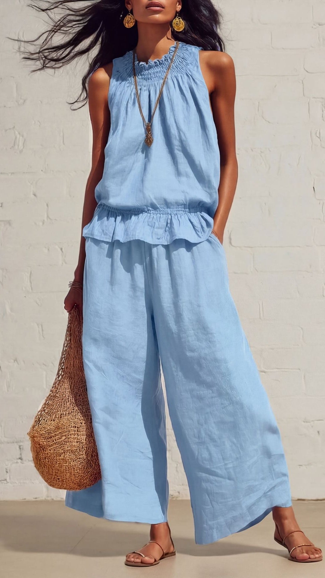 Women's Vintage Bohemian Ruffled Cotton-Linen Two-Piece Set