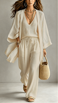 Women's  Linen-Blend Three-Piece Set(Kimono + Tank + Pants)