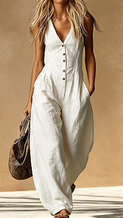 Women's Cotton-Blend V-Neck Sleeveless Wide-Leg Jumpsuit