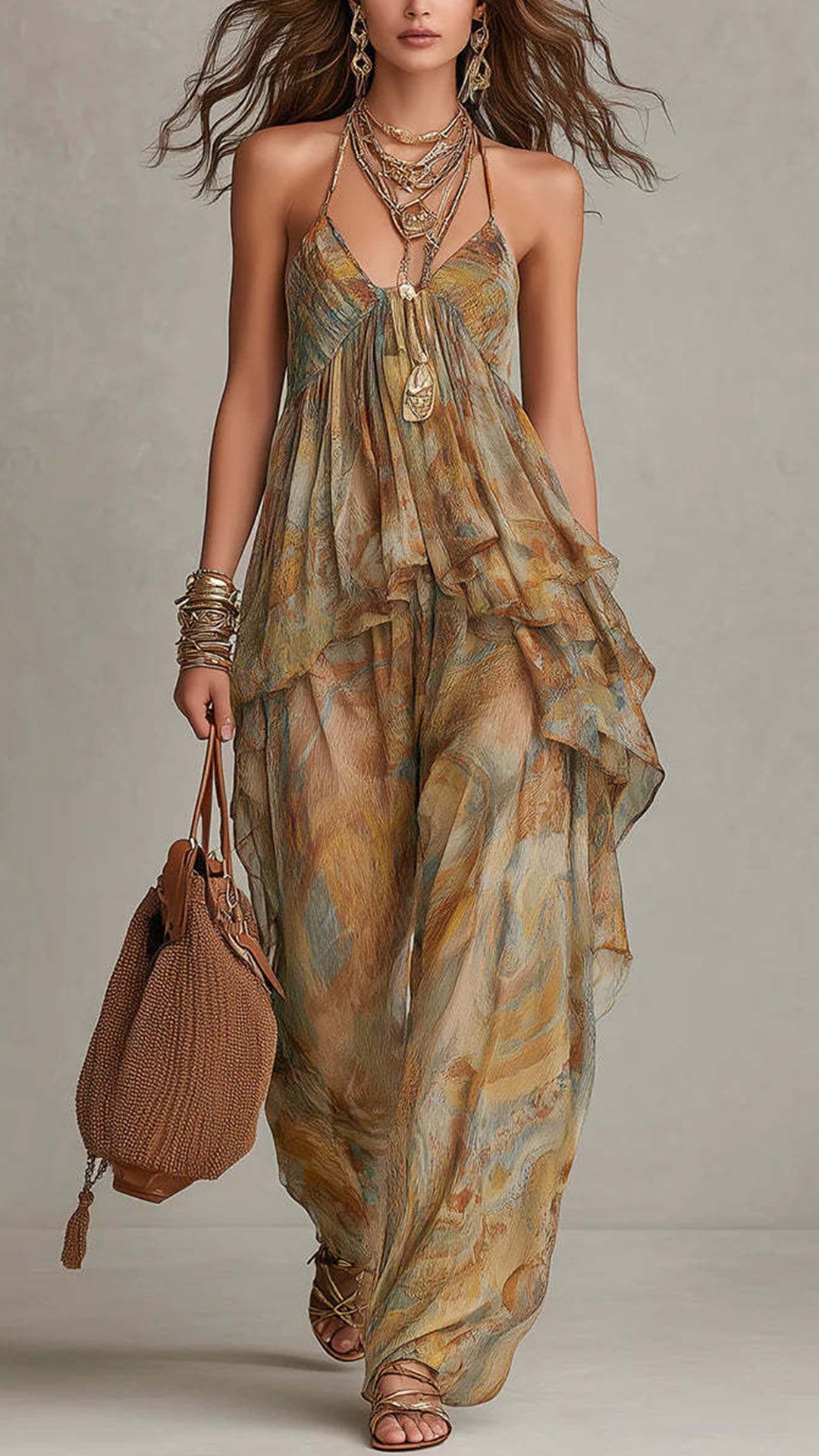 Women's Cotton-Blend Halter Printed Wide-Leg Pants Set