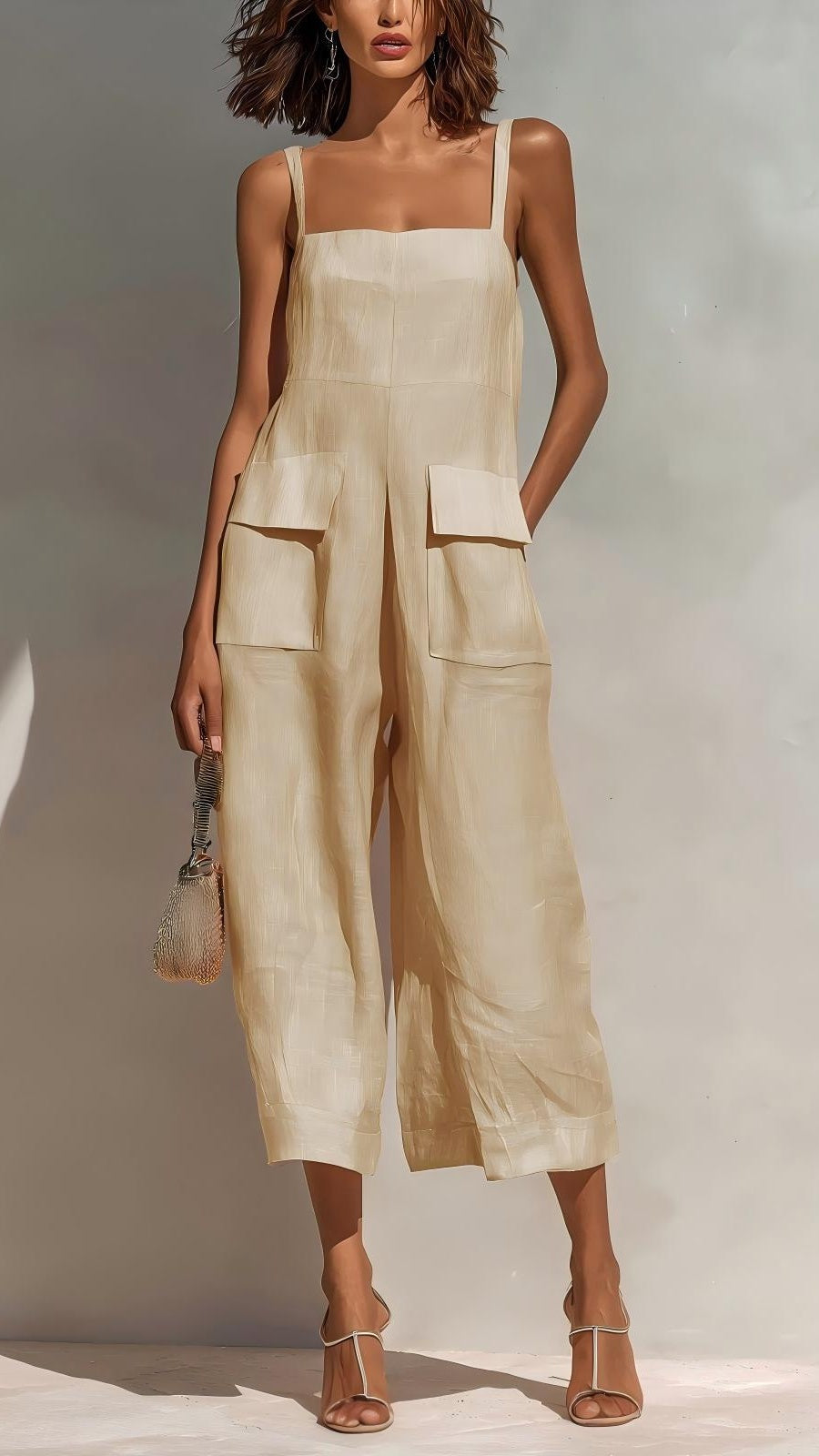 Women's Elegant Sleeveless Cropped Jumpsuit — Loose Fit, Wide-Leg, Thin Straps, Patch Pockets