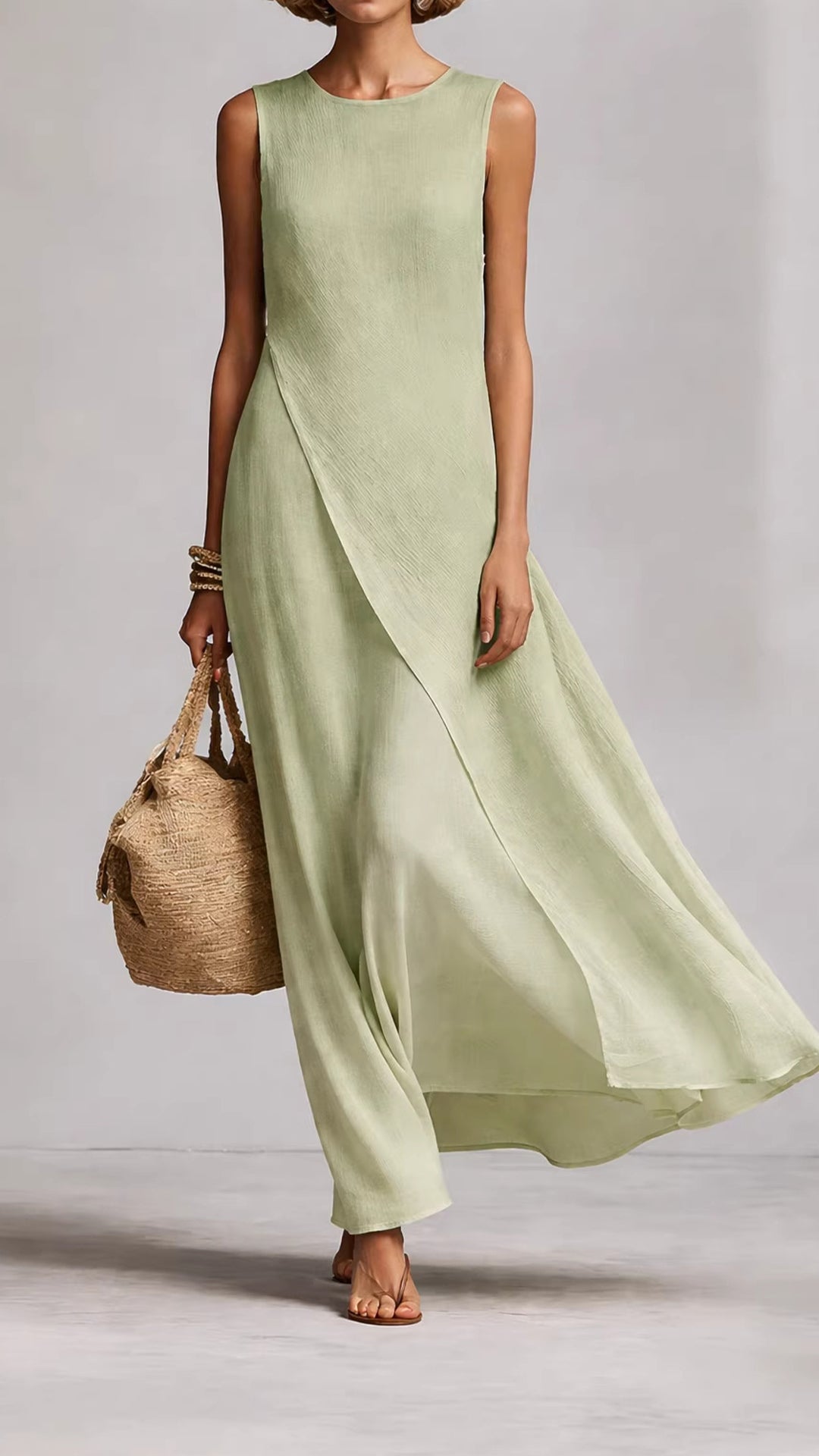 Sleeveless asymmetrical hem cotton-linen blend dress