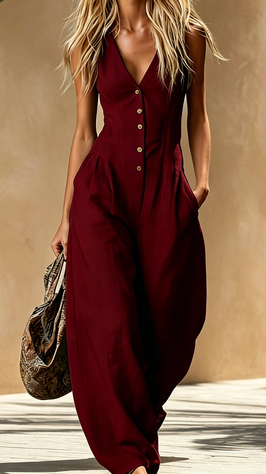 Women's Cotton-Blend V-Neck Sleeveless Wide-Leg Jumpsuit