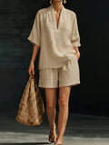 Plus Size Friendly Minimalist Cozy V-neck Shirt And Shorts Linen Cotton Two-piece Set