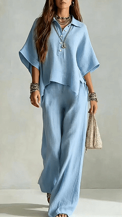 Women's Cotton-Blend Henley Neck Wide-Leg Pants Set
