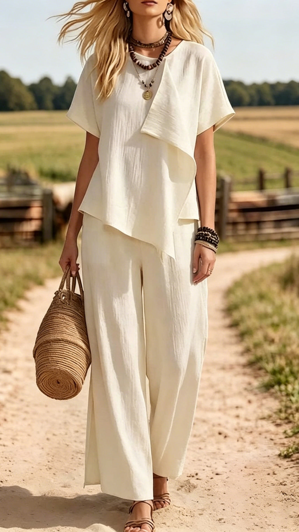 Women's Stylish Casual Set: Irregular Short-Sleeve Top & Slit Wide-Leg Pants