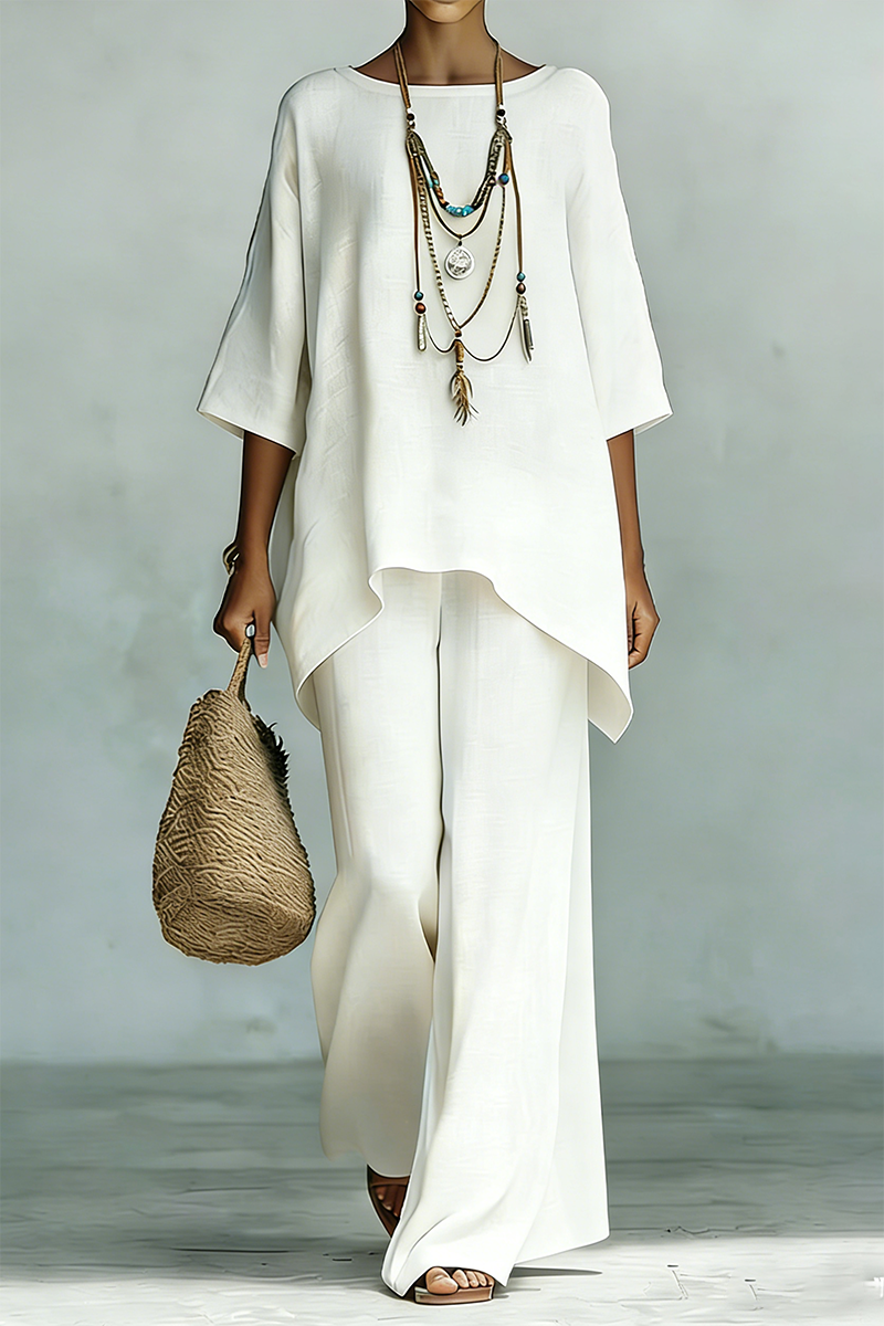 Plus Size Friendly Women's Elegant & Simple Loose-Fit Solid-Color Top and Wide-Leg Pants Set