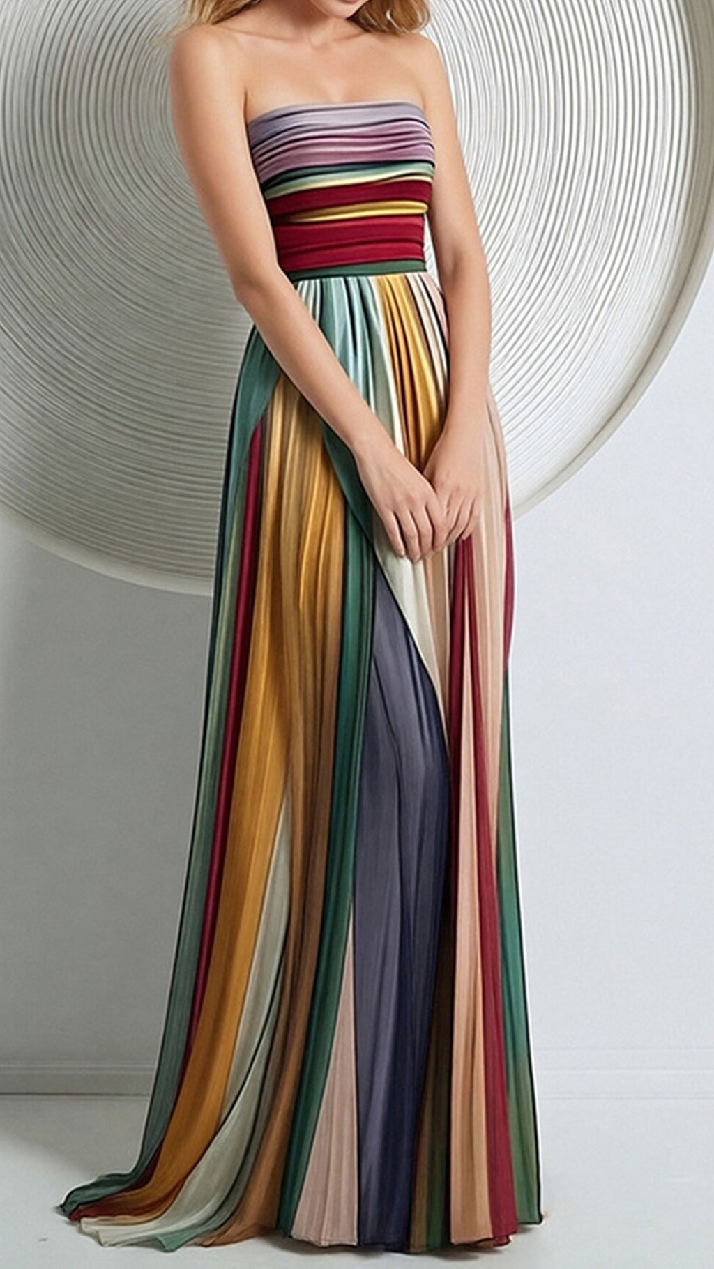 Women's Strapless Rainbow Stripe Cotton-Blend Maxi Dress