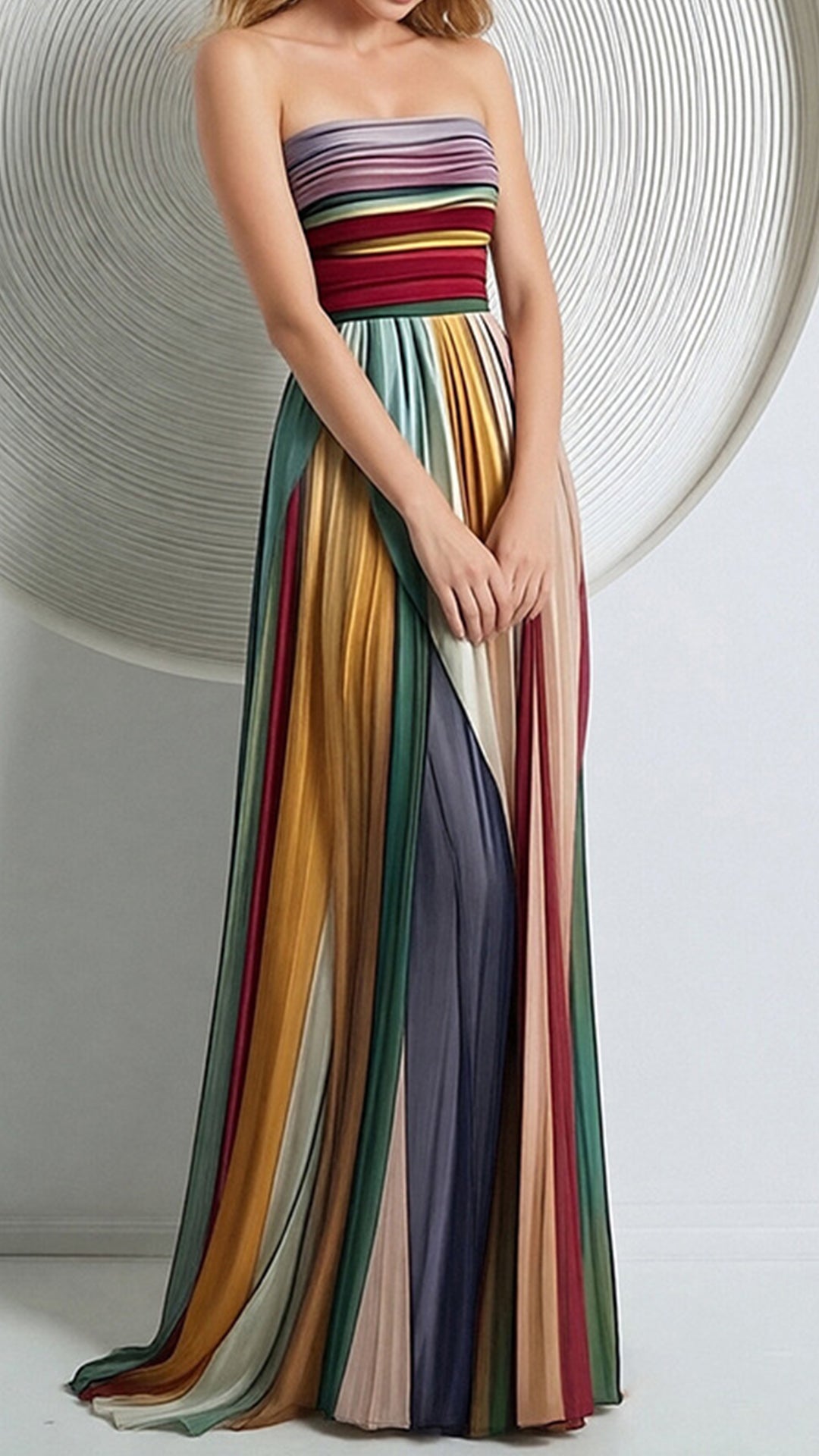 Women's Strapless Rainbow Stripe Cotton-Blend Maxi Dress