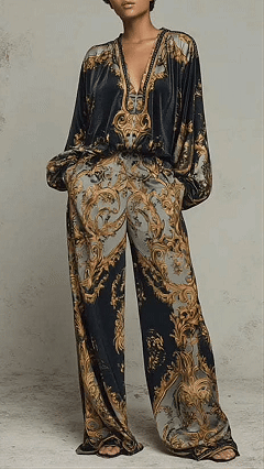 Women's Cotton-Blend Baroque Print Wide-Leg Pants Set