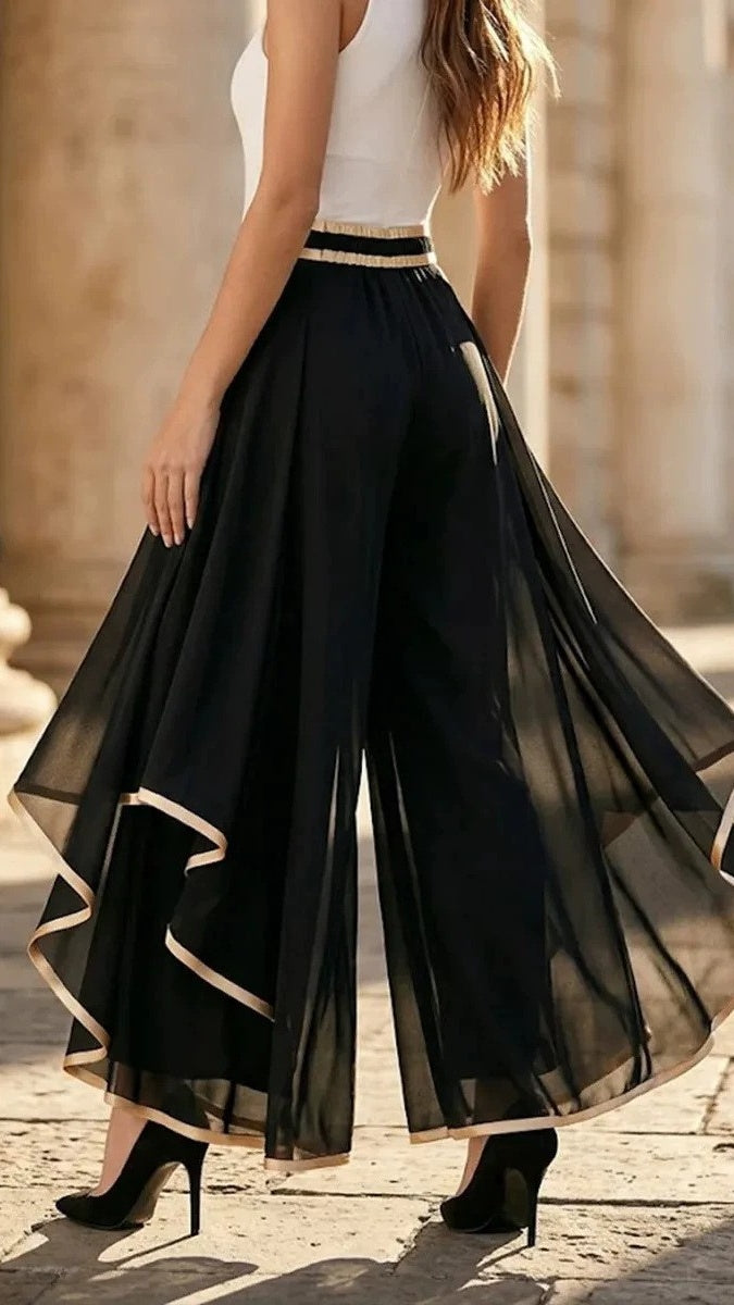 Women's Fashion Spliced & Piped Layered Chiffon High-Waisted Casual Wide-Leg Pants