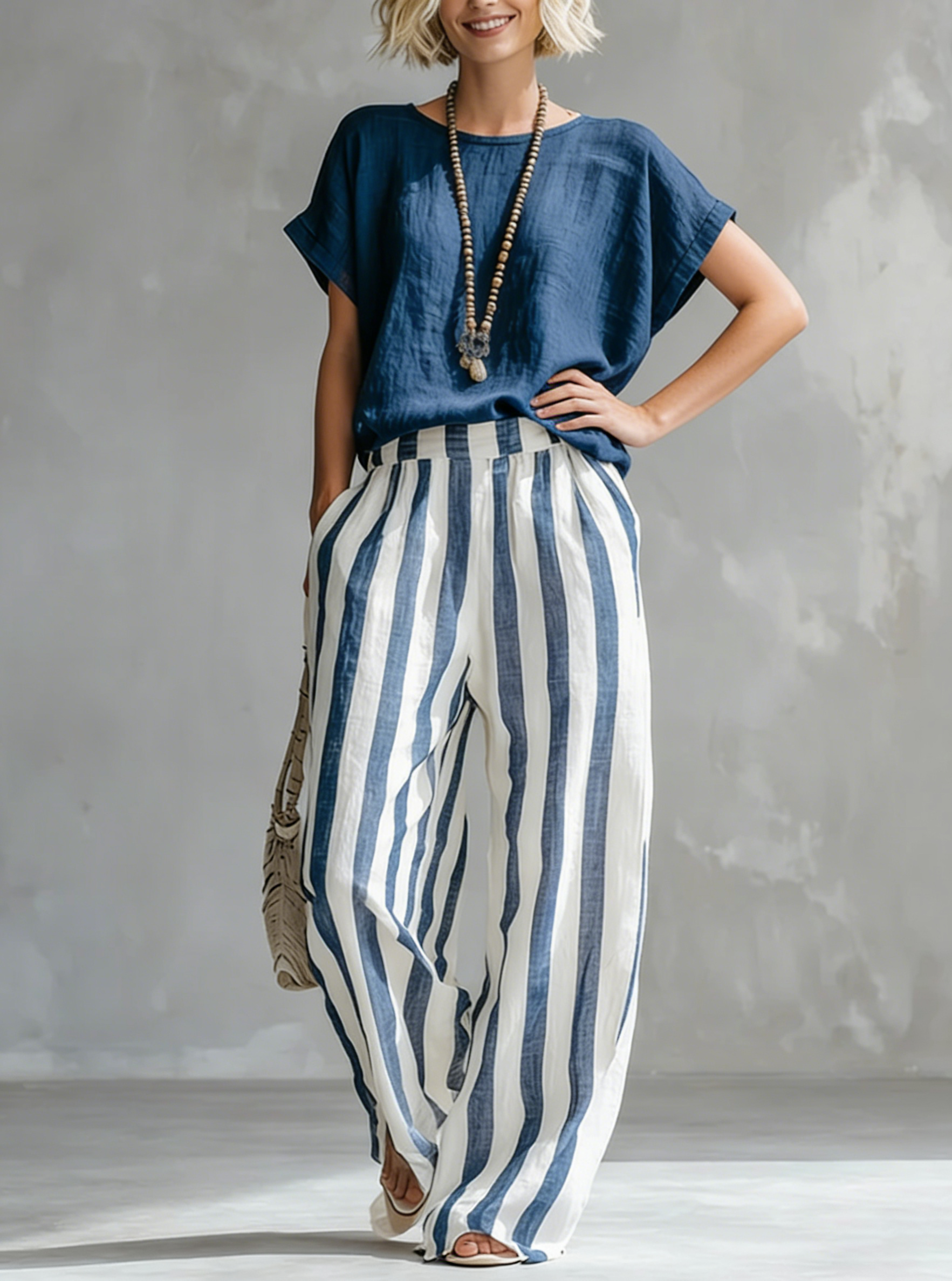 🔥Hot sale🔥Cozy Loose-fit Striped Cotton-linen Two-piece Set