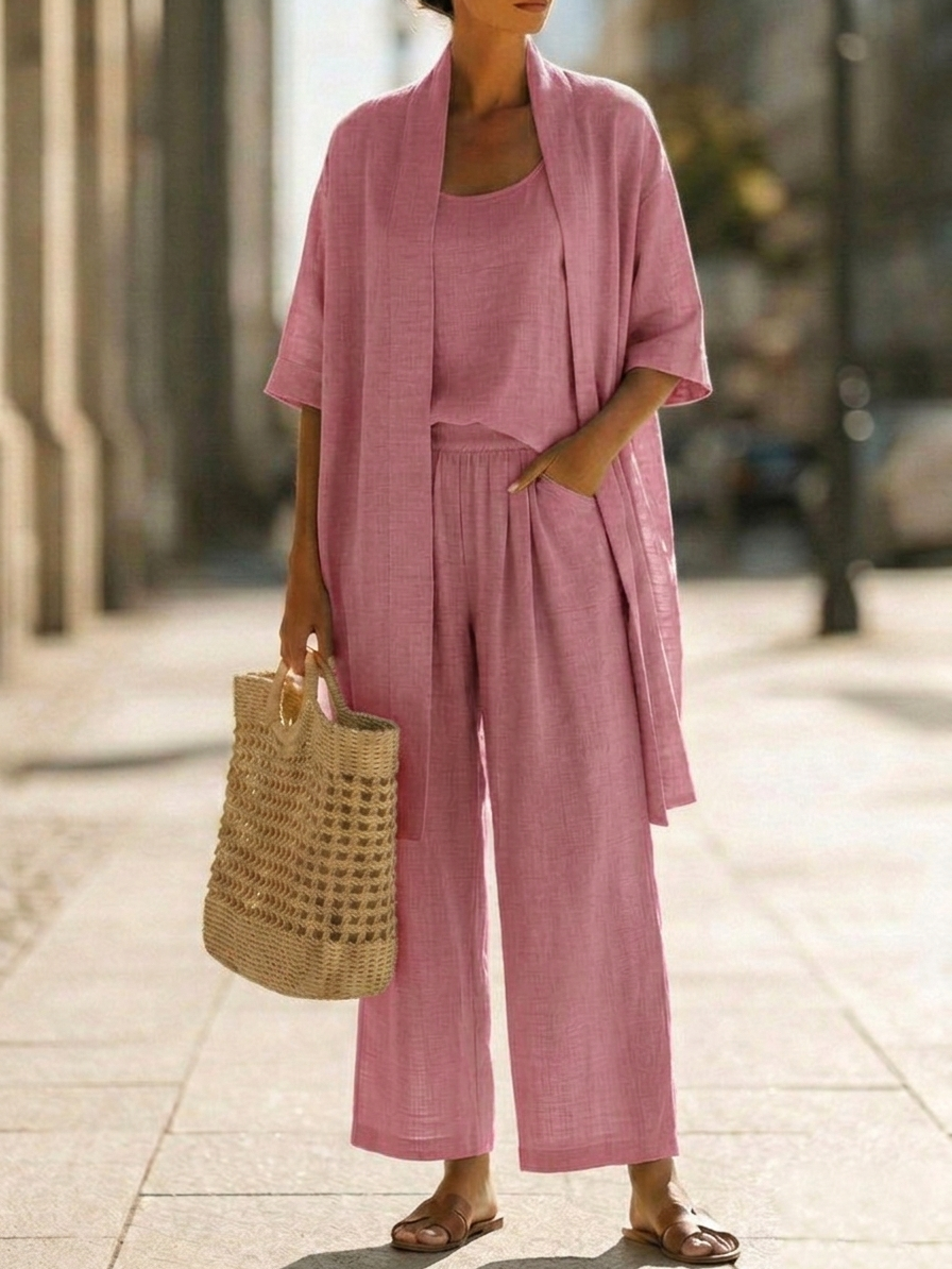 Plus Size Friendly Minimalist Linen-cotton Three-piece Set - Comfortable For Everyday Wear