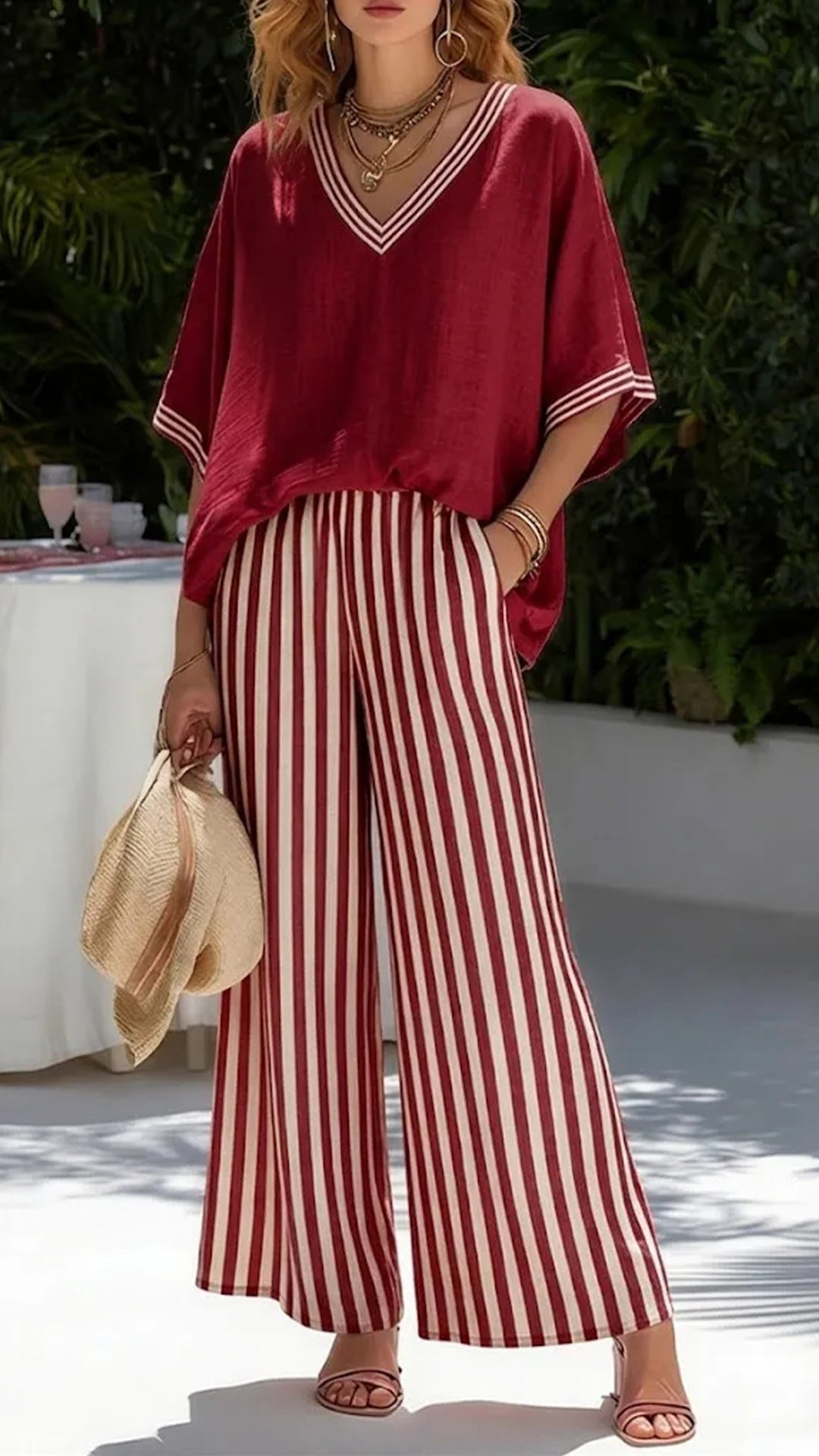 Solid-Color Top & Striped Wide-Leg Pants Set — Loose-Fit, Slimming, and Breathable