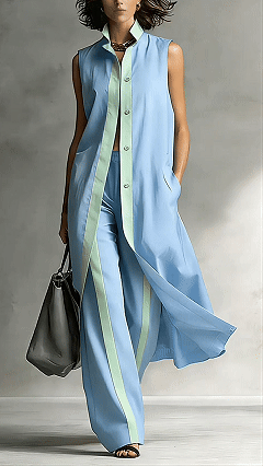 Women's Color-Blocked Sleeveless Long Shirt & Wide-Leg Pants Set