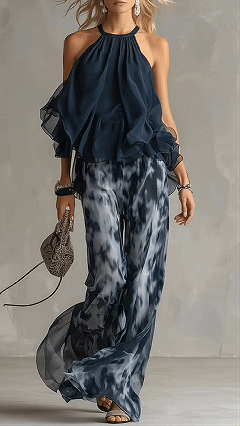 Women's Cotton-Blend Halter Ruffled Tie-Dye Wide-Leg Pants Set