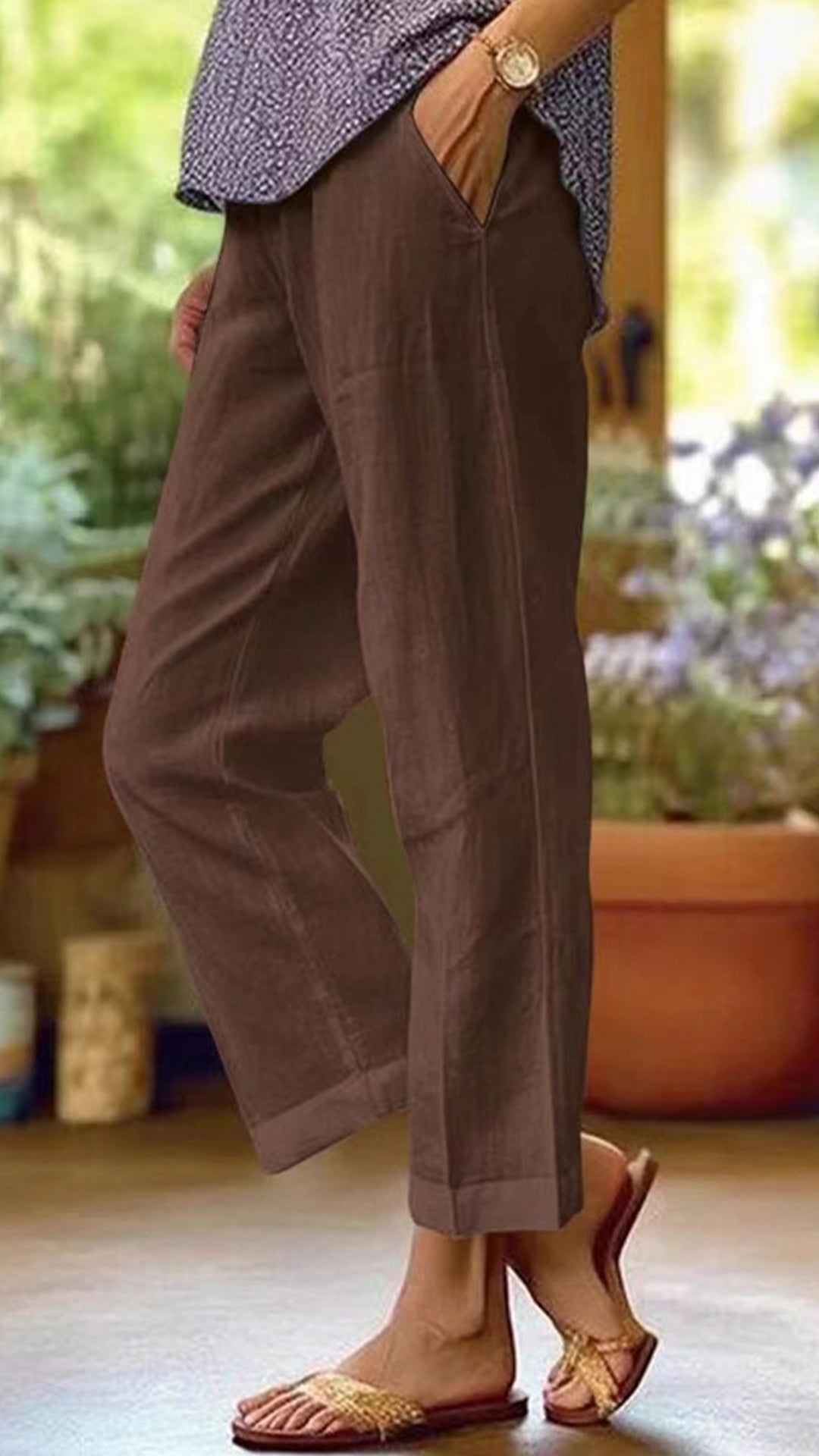 Women's Cotton-linen Solid Color Elastic Waist Pockets Straight Leg Loose-fit Casual Trousers