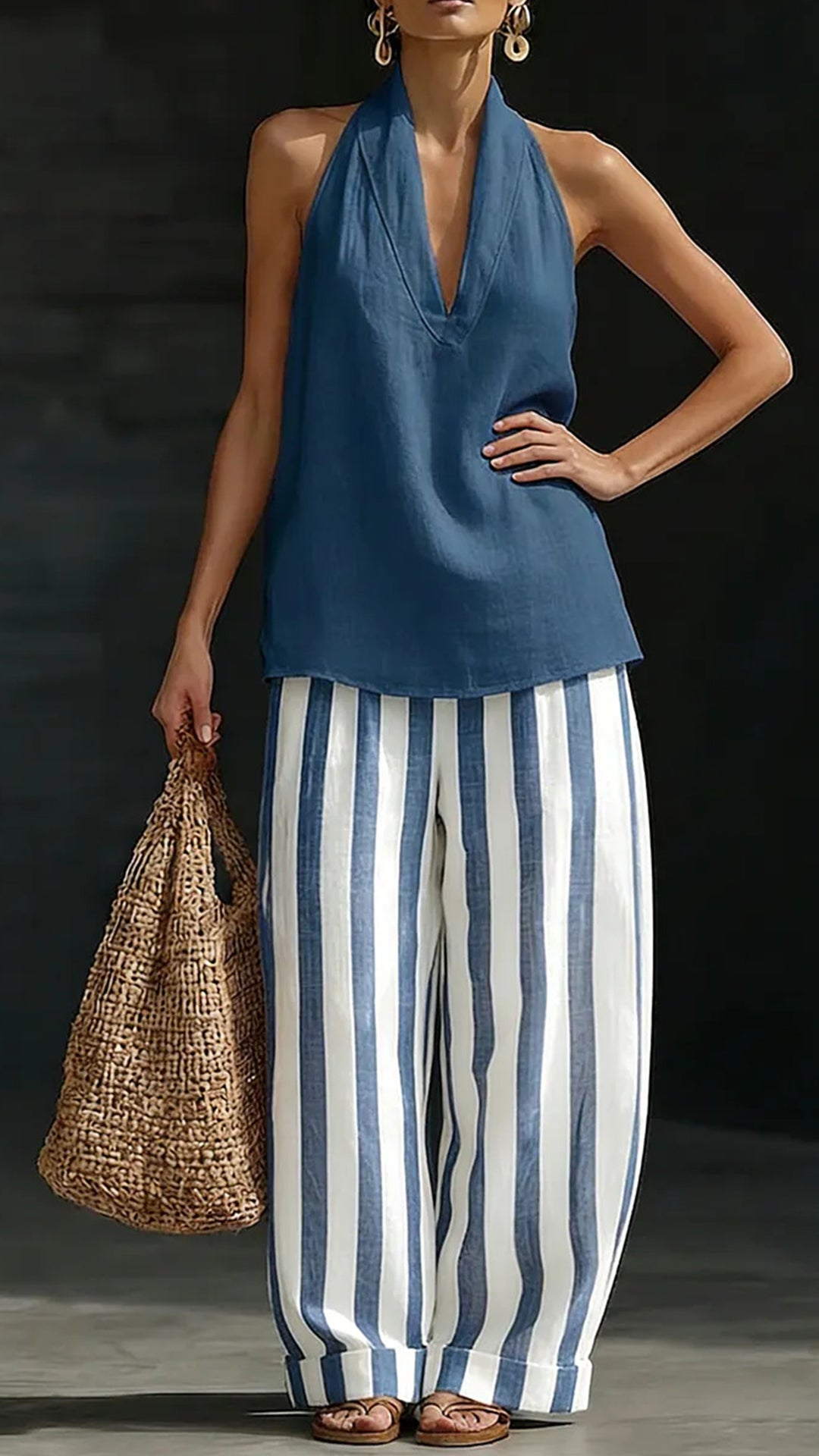 Women's Cotton Linen Halter Stripe Wide-Leg Set