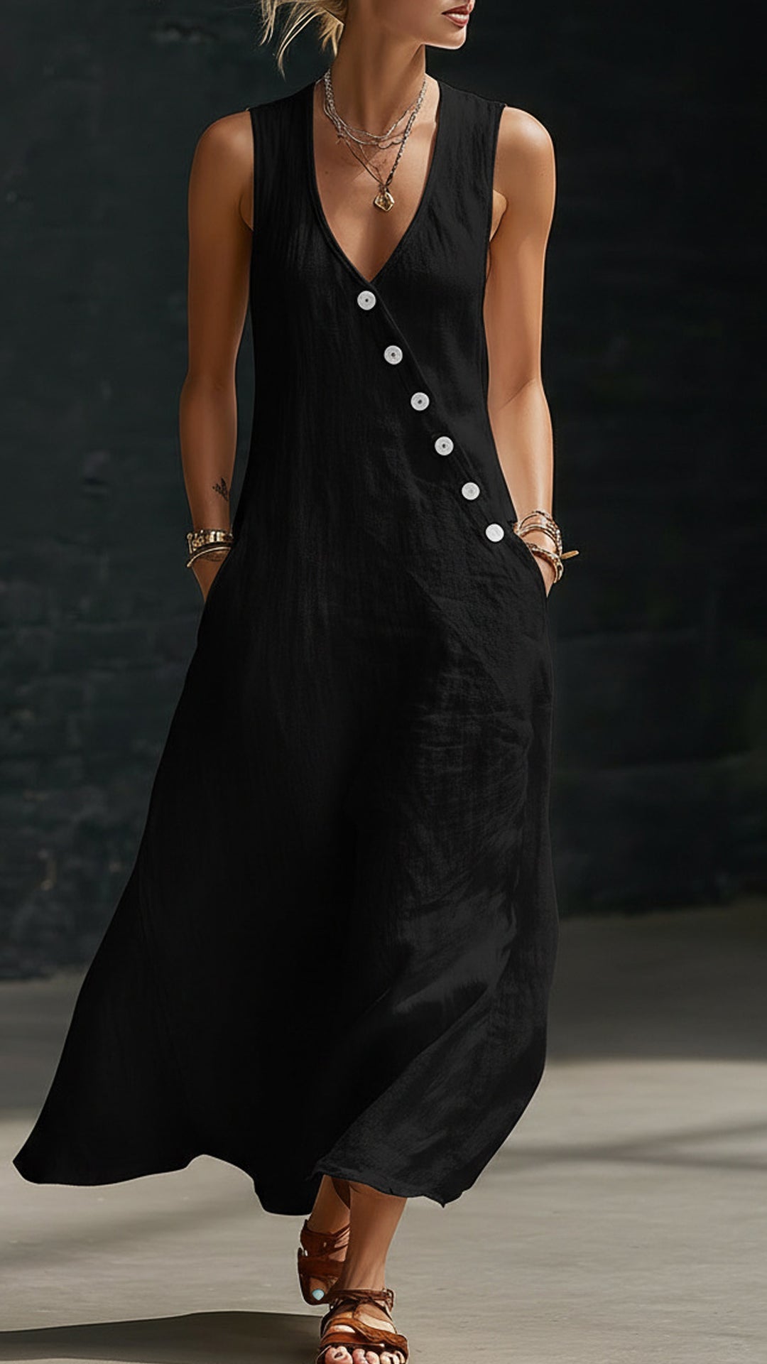 "Effortless Chic" Style V-Neck Button-Front Cotton-Linen Maxi Dress — Sleeveless Tank Dress