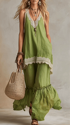 Women's Bohemian-Style Vacation Dress with Lace Straps