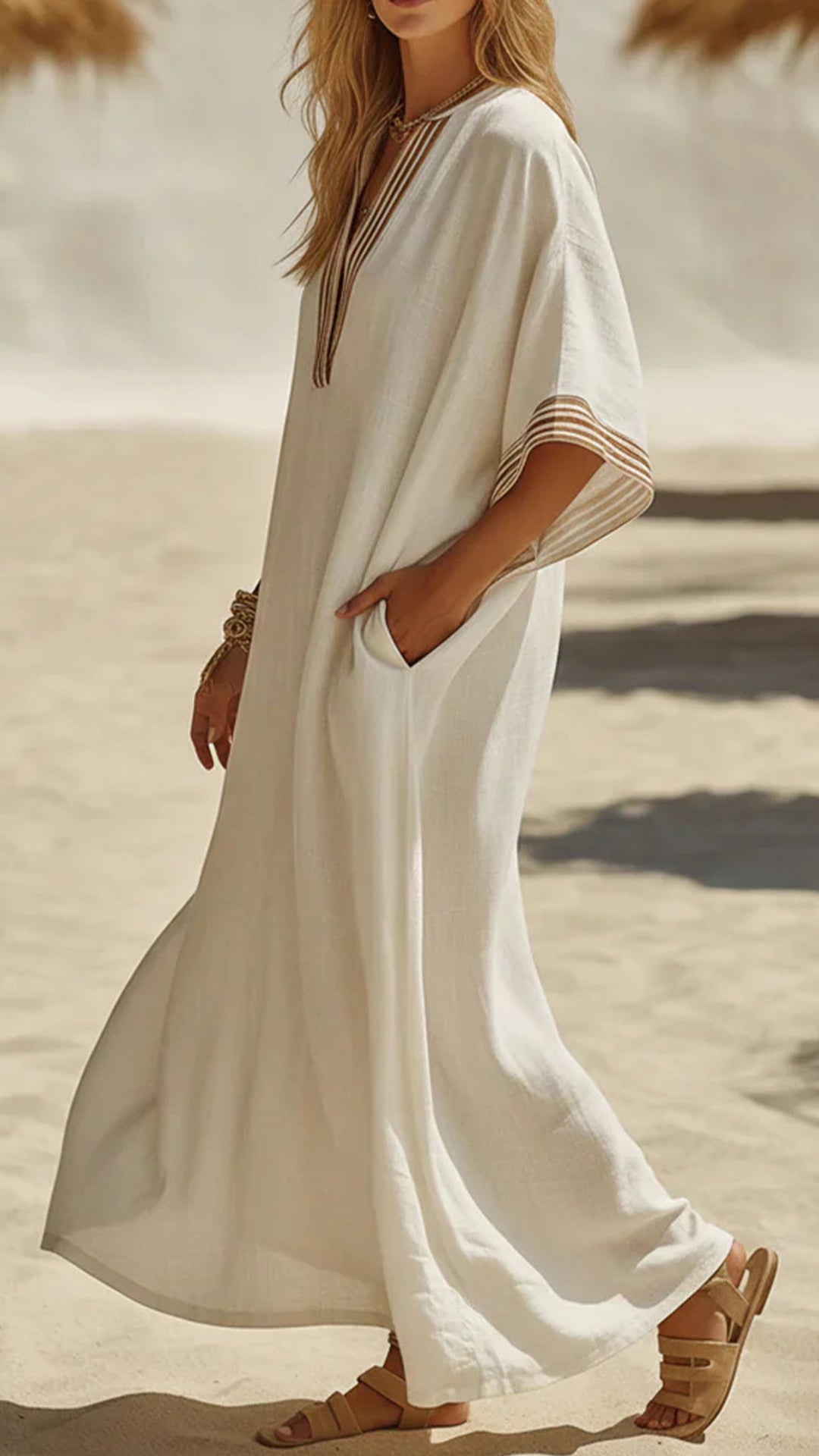 Women's Striped Trim Cotton-Blend Kaftan Dress