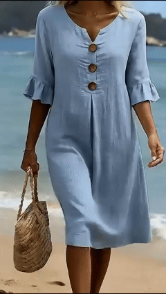 Women's Cotton-Linen Dress with V-Neck, Large Buttons, and Ruffled Sleeves