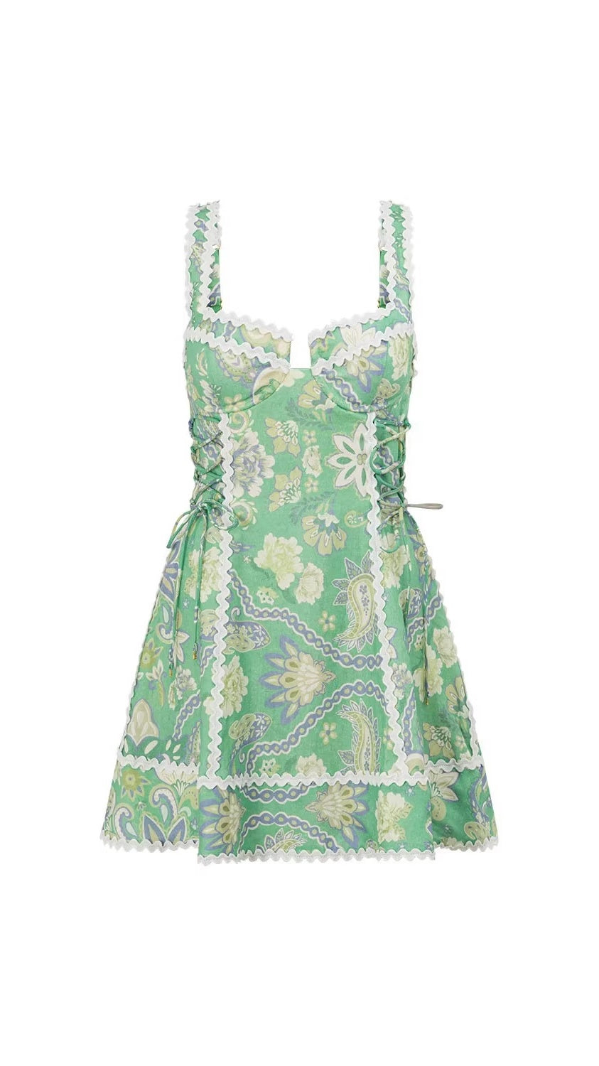 Women's Printed Spaghetti-Strap Dress with Lace Splicing